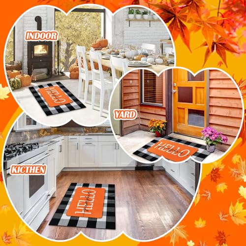 Fall Welcome Door Mats Set - Hello Pumpkin & Buffalo Check Outdoor Rug 30x18 & 43x27 Inches