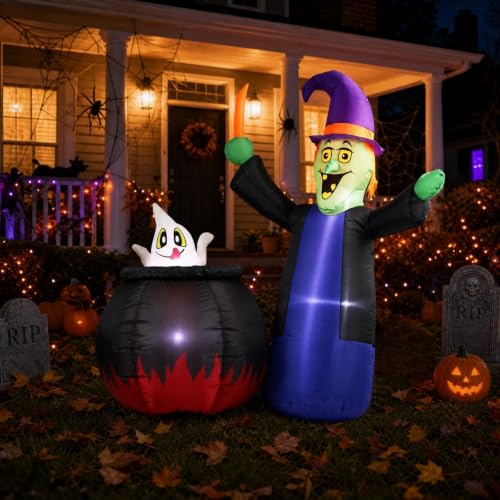 5 Ft Inflatable Halloween Witch and Cauldron Outdoor Decor with LED Lights