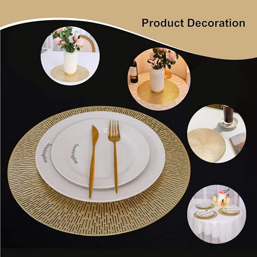 Gold Round Placemats Set of 8 - 15 Inch Vinyl Table Mats for Dining & Weddings - Easy Clean & Non Slip