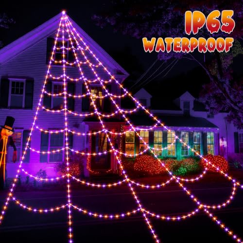 Halloween Spider Web Lights with 455 LEDs and Remote Control - 16.4Ft Outdoor Indoor Decoration