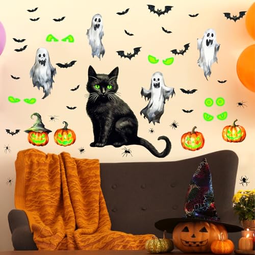 Halloween Ghost Cat Window Clings Pumpkin Bat Eyes Wall Decals - Variation of Cat Ghost
