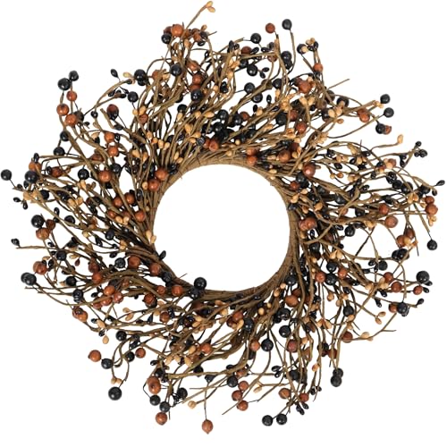 Primitive Black & Tan Pip Berry Candle Ring - Rustic Mini Wreath for 3-inch Pillars, Halloween & Farmhouse Decor, Variation: Primitive Black & Tan