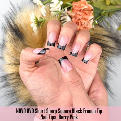 Short Sharp Square Nail Tips Black French Tip BERRY PINK - 15 Sizes, 240 pcs