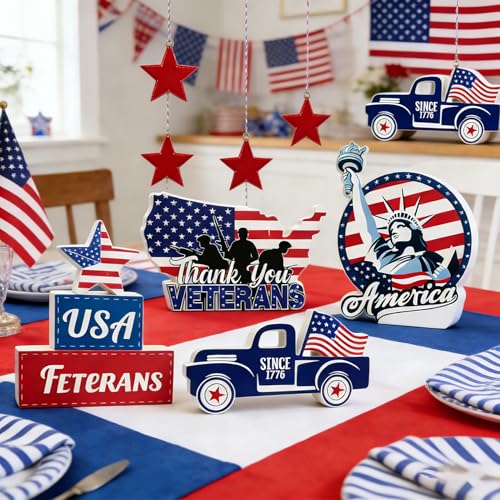 Patriotic Memorial Day Table Decorations Set - Wooden Centerpieces for Home & Party