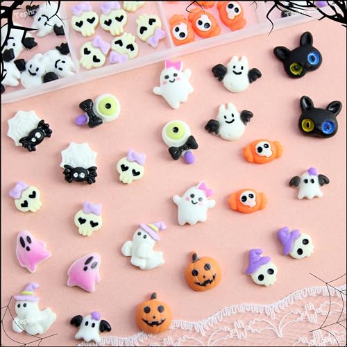 Halloween Nail Charms Set with Ghost Pumpkin Skull Bats 72Pcs Pink Ghost - Variation 01