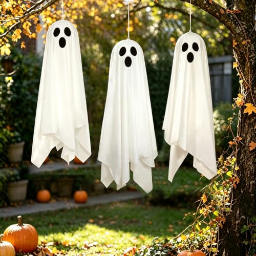 Halloween Ghost Decor Light-Up Hanging Ghosts - 3 Pack, Spooky Outdoor Decor with Fairy Lights