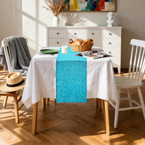 Turquoise Sequin Table Runners 72 Inches Long for Wedding Party 10 Pack