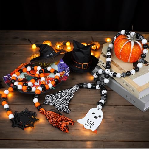 Halloween Wooden Bead Garland Decor with Ghost & Tassel - Black