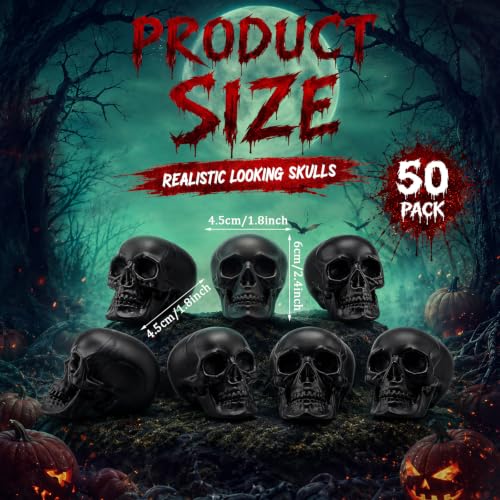 Halloween Skull Decorations - Black Plastic Skeleton Heads, 50 Pack, Mini & Realistic