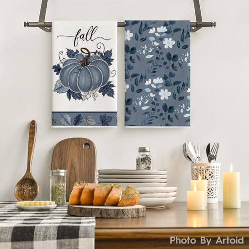 Blue Leaves Fall Kitchen Towels Set of 4 - 18x26 Inch Seasonal Dish Towels