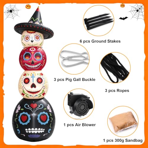 7 Ft Halloween Inflatable Decor with LED Lights, Day of the Dead Sugar Skull Tower