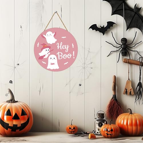 Pink Halloween Door Wreath with Ghost and Bat Decorations, Festive Wall Decor