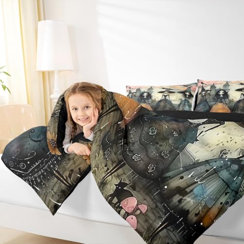 Gothic Witch Comforter Set Black & Grey Full Size Bedding with Spooky Design - Enchantress Halloween Decor
