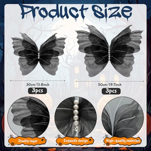 Black Butterfly Decorations Set - 6 Large 3D Silk Wall Decor, Halloween Gothic Theme, Variation of THIS listing