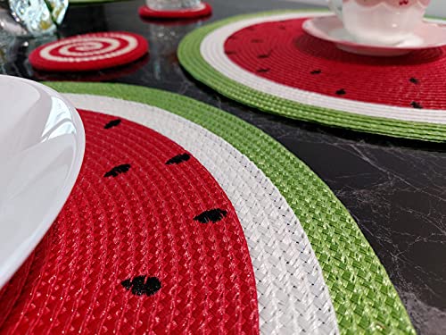 Watermelon Placemats Set of 4 - Round Braided 15 Inch Indoor Outdoor Table Decor - Red Variation