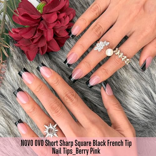 Short Sharp Square Nail Tips Black French Tip BERRY PINK - 15 Sizes, 240 pcs