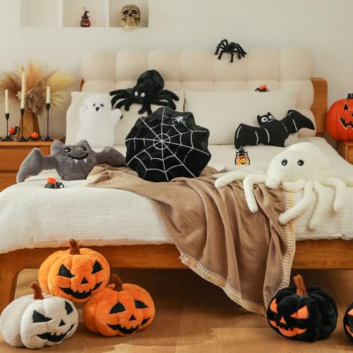 Halloween Pumpkin Shaped Throw Pillow - Off White Large 6x12 Inches Faux Fur Accent