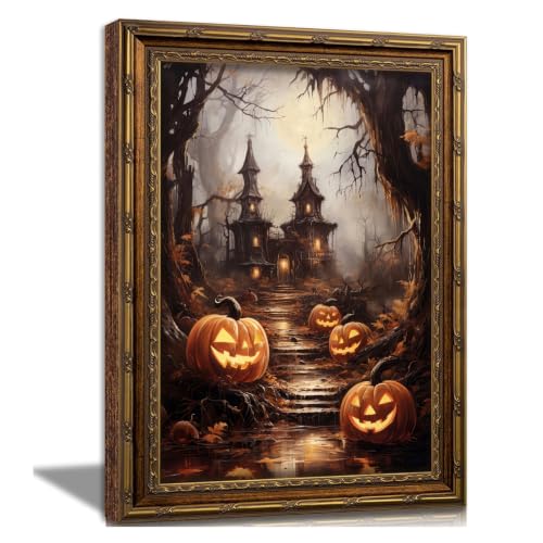 Haunted House Pumpkins Halloween Wall Art - Vintage Gold Framed Canvas, 24x16 Inches