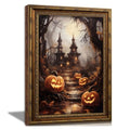 Haunted House Pumpkins Halloween Wall Art - Vintage Gold Framed Canvas, 24x16 Inches