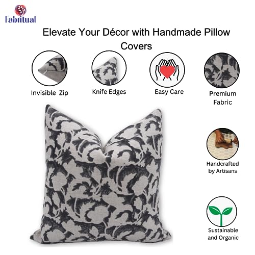 14x14 Linen Throw Pillow Cover Vintage Block Print Cushion Cover for Sofa Bed Black - Handmade