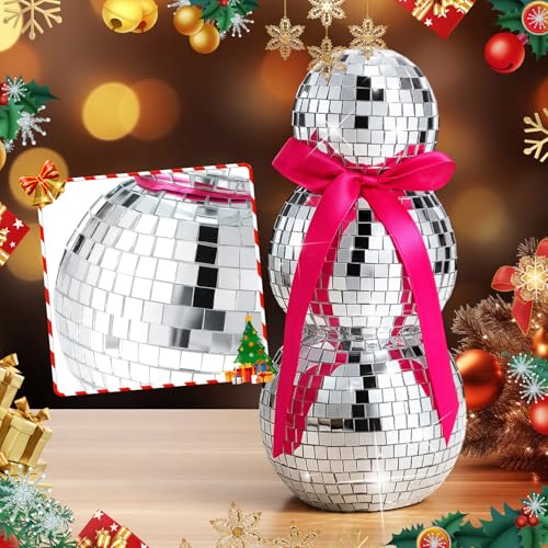 Disco Snowman Decor Set - 8.5 Inch & 6.7 Inch Glitter Mirror Ornaments for Winter & Holiday Parties