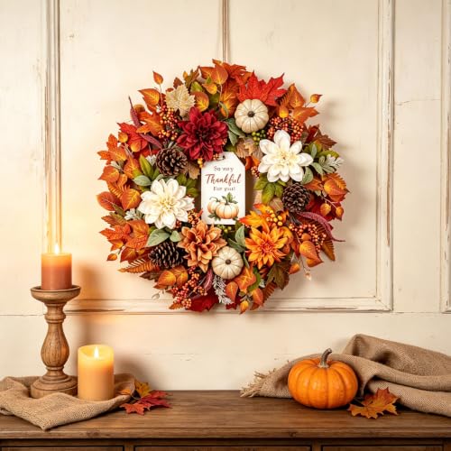 Fall Wreath for Front Door with Pumpkins Dahlias Pinecones Wood Sign - 24 Inch