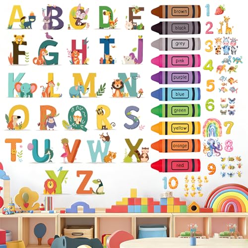Multicolor Animal Alphabet Numbers Wall Stickers - Educational Classroom Decals