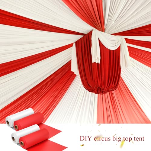 4 Rolls Circus Carnival Table Cover Backdrop - White & Red, Disposable