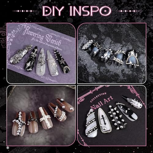 Punk Nail Charms Kit 1 Silver & Black - 3D Gothic Nail Studs & Pearls, Nail Art Accessories