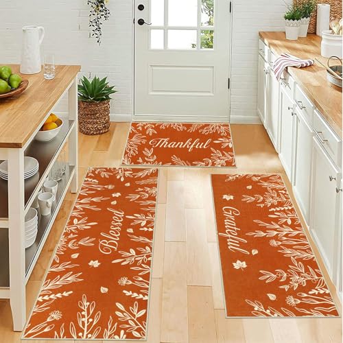 Fall Kitchen Rug Set of 3 with Pumpkin Truck & Leaves - Orange Variations 20x32, 20x47, 20x59