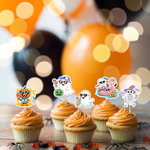 36 Pcs Summer Halloween Cupcake Toppers - Ghost Beach Cake Decorations for Parties