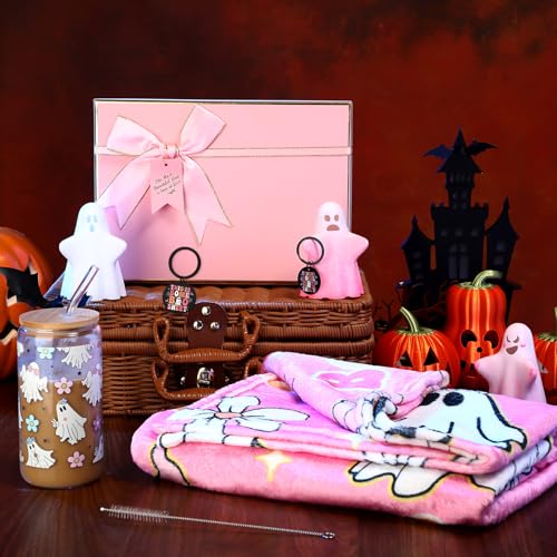 Retro Halloween Ghost Gift Set - Pink Ghost Flower Glass, Flannel Blanket & Keychain