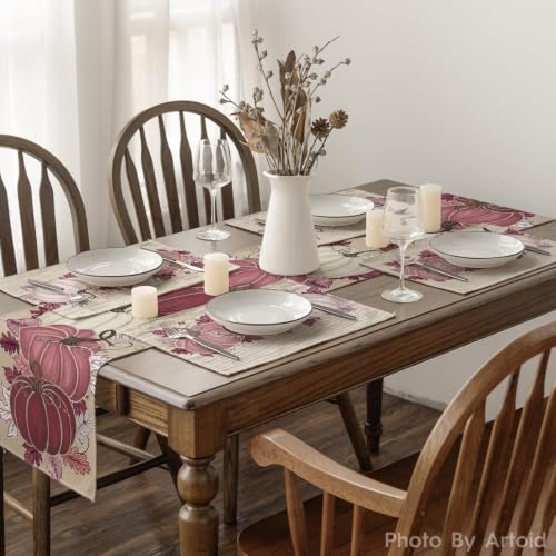 Pink Pumpkin Leaves Fall Placemats Set of 4 - 12 x 18 Inch Rectangular Table Decor