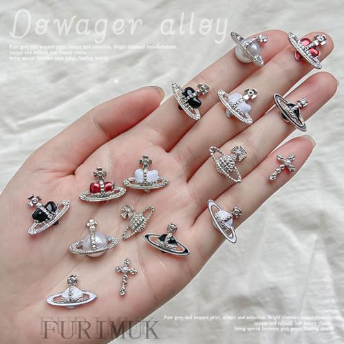 30 Pcs Heart & Planet Nail Charms Set - Rhinestones, 3D Cross & Saturn Design