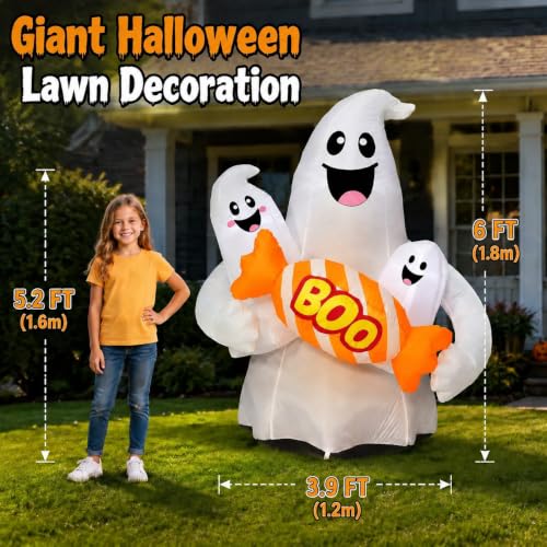 6 Ft Halloween Inflatable Ghost with Candy, Bright LEDs & Stakes - White Candy Ghosts Variation