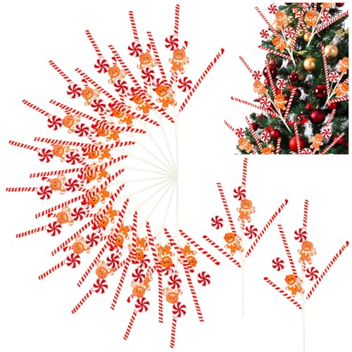 12 Pcs Gingerbread Candy Cane Christmas Tree Picks - Gingerbread Man Variation