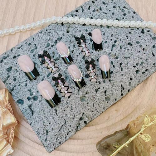 Colorful French Tip Press On Nails Medium Long Bling Rhinestone Bow 3D Bow Artificial Nails - 24pcs - Bow Ties