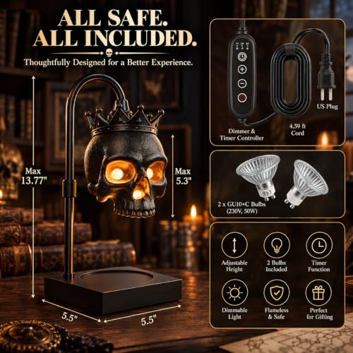 Gothic Skull Candle Warmer Lamp with Timer & Dimmer - Adjustable Height, Flameless Wax Melter