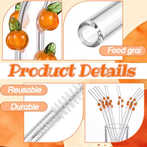 Fall Pumpkin Glass Drinking Straws - 6 Pack, Reusable Halloween Thanksgiving