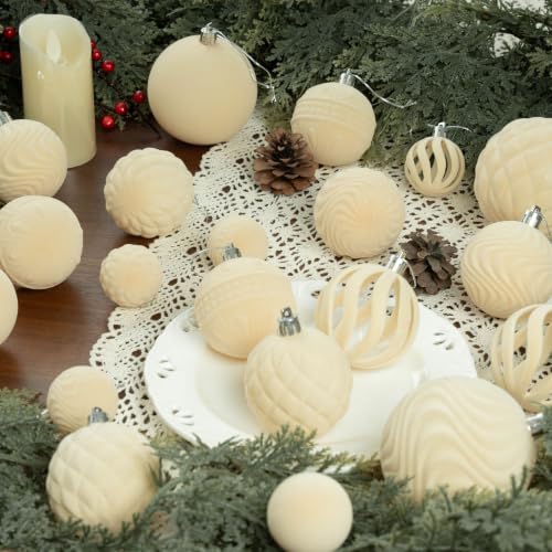 Beige Velvet Christmas Ornaments Set - 36 Pcs Flocked Holiday Tree Decor