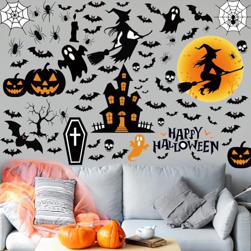 Halloween Witch Wall Sticker Decals - 6 Sheets, Spooky Ghost Bat Pumpkin
