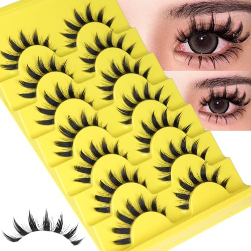 Manga False Eyelashes - Natural Spiky 3D Cat Eye Lashes for Cosplay & Anime Style - 7 Pairs - Clear Band