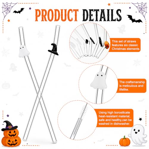 Halloween Reusable Glass Drinking Straws - Spider Ghost Pumpkin Bat Design, 6 Pack