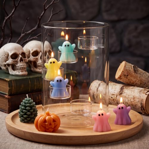 Halloween Glass Hurricane Candle Holder Set with Ghost Candles - Colorful Ghost Variation