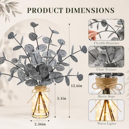 Black Artificial Eucalyptus with LED Lights in Glass Vase - 12.6 Inch