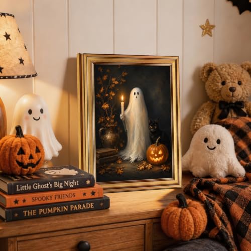 Ghost Holding Candle Wall Art Canvas - Vintage Halloween Gold Frame, 16x12 Inches - Ghost & Black Cat Scene