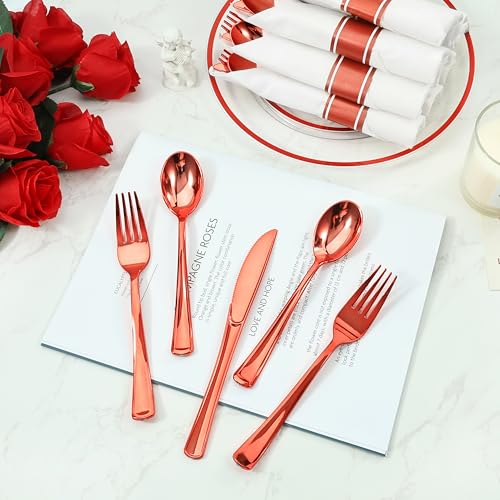 50 Pack Red Plastic Cutlery Set - Disposable Forks Knives Spoons with Napkins