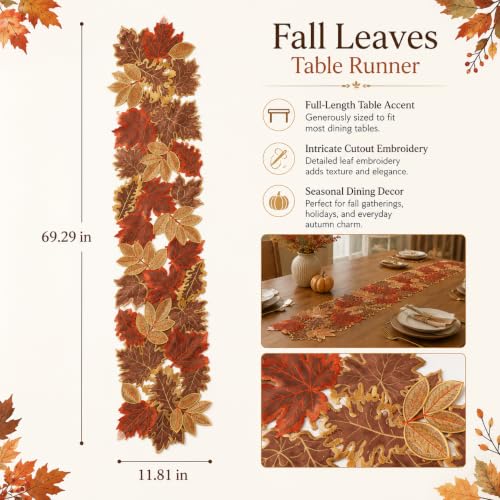 Brown Fall Maple Leaf Embroidered Table Runner 13x69 Inches for Autumn Decor