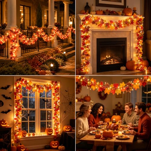 Fall Garland with Lights - 11.8ft Maple Leaf Wreath for Autumn Decor