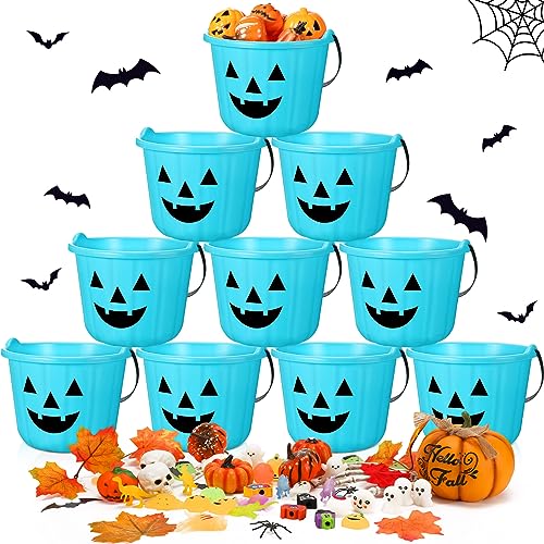 Halloween Pumpkin Buckets Set - Teal Plastic Trick-or-Treat Buckets 10 Pack